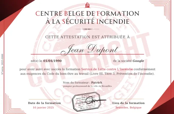 CBFSI - Attestation de participation à la formation incendie pour les entreprises belges fourni par le centre de formation belge à la sécurité incendie cbfsi